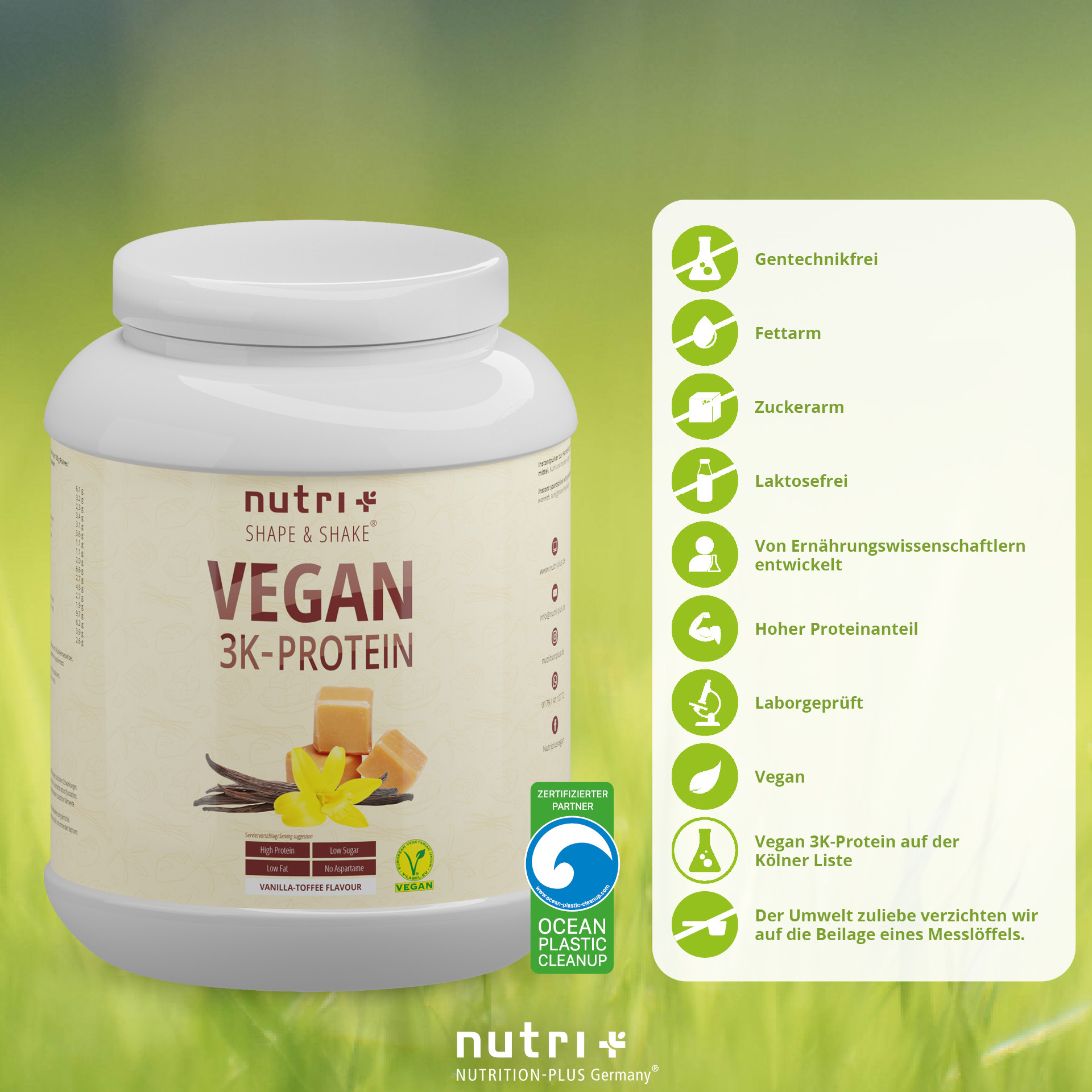 nutri+ Veganes Proteinpulver 3K ohne Laktose 1000g
