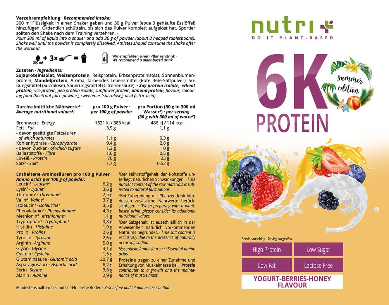 Nutri+ - Vegan 6K Proteinpulver Yoghurt-Berries-Honey 
